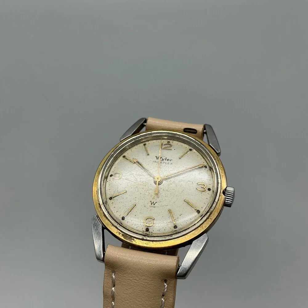 Vintage Wyler Incaflex Mens Watch 32mm Cream Dial Gold Tone Swiss Manual Wind